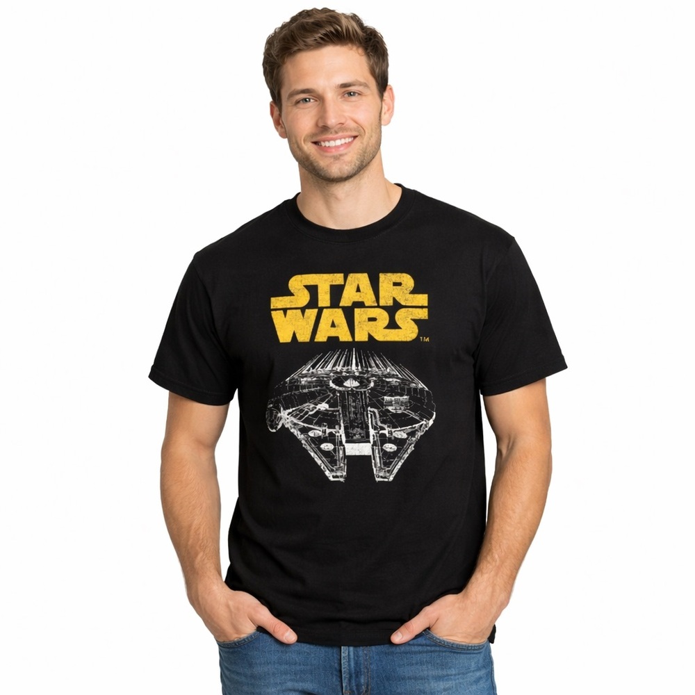 Star Wars Mens Medium Graphic Tee Black Yoda X Wing Death Star NWOT